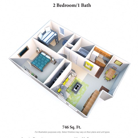 2 Bed 1 Bathroom Floor Plan at Crown Station Apartments, Amelia, Ohio